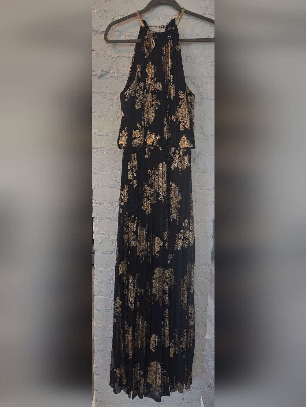 MSK Black Pleated Gown with Gold Metallic Floral Print - 14